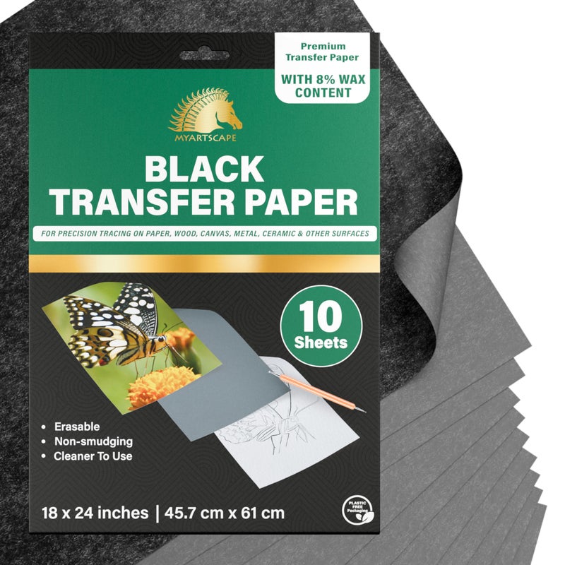 MyArtscape Graphite Transfer Paper, 18" x 24" - 10 Sheets - Black Waxed Carbon Paper - for Drawing, Tracing and Transfer - Premium Arts and Crafts Supplies - Image 1